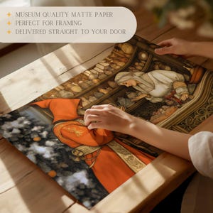 May include: A fantasy illustration print featuring two figures in a shop. One figure is wearing a red robe and the other is wearing a white dress. The shop is filled with shelves of jars and bottles. The print is on museum quality matte paper.