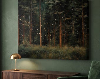 Impresión en lienzo de bosque de fantasía encantado, luces de hadas de fantasía, lienzo de naturaleza, cabaña oscura mística, arte de pared central, lienzo para amantes de la fantasía