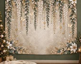 Ivory Butterfly Garland Tapestry, White Floral and Gold Botanical Wall Hanging, Enchanted Winter Decor