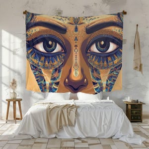 Egyptian Goddess Eyes Tapestry Divine Feminine Art Fantasy Wall Art Egyptian Tapestry Gold Wall Decor Egyptian Style Art Goddess Tapestry