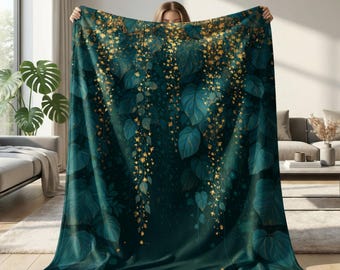 Golden Teal Elven Willow Fleece Sherpa Cascading Luminescence: Teal and Gold Botanical Art, Fantasy Hanging Vines and Leaves Throw