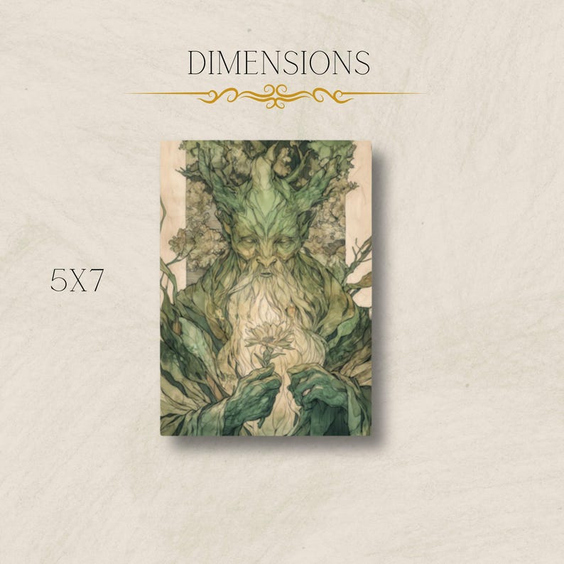 May include: A green, tree-like figure with a white flower in its hand. The figure has a long white beard and is surrounded by green leaves. The background is a light brown.