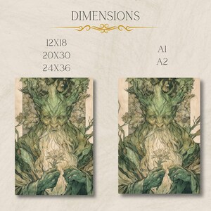 May include: A digital illustration of a green, humanoid figure with a long white beard and a crown of leaves. The figure is holding a white flower in its hands. The background is a forest scene with trees and leaves. The image is available in three sizes: 12x18 inches, 20x30 inches, and 24x36 inches. The image is also available in two sizes: A1 and A2.