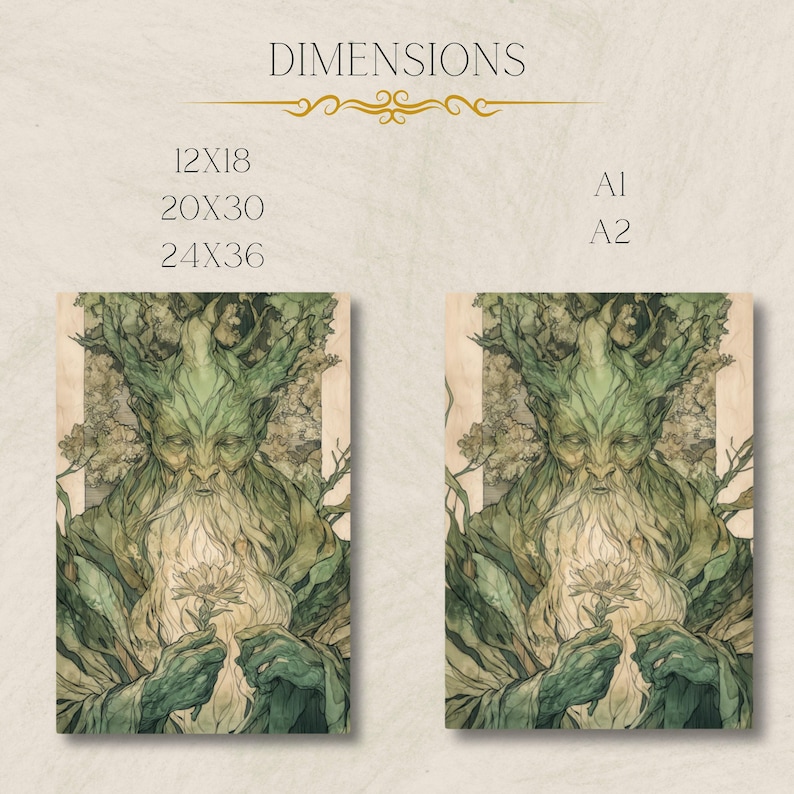 May include: A digital illustration of a green, humanoid figure with a long white beard and a crown of leaves. The figure is holding a white flower in its hands. The background is a forest scene with trees and leaves. The image is available in three sizes: 12x18 inches, 20x30 inches, and 24x36 inches. The image is also available in two sizes: A1 and A2.