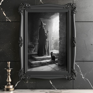 Witch at the Door Matte Print Black and White Witch Wall Art Gothic Cottagecore Decor Witch and Black Cat Print Halloween Spooky Home Art