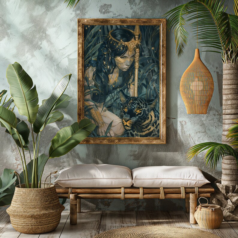 May include: A framed illustration of a woman with a crown and a jaguar. The woman is wearing a gold necklace and has long dark hair. The jaguar is looking at the viewer. The background is a dark green jungle.