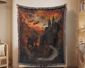 Dracula's Castle Halloween Woven Blanket Spooky Halloween Theme Woven Blanket Dark Victorian Castle Blanket Halloween Throw Spooky Haloween