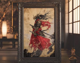 May include: A framed print of a samurai warrior in a red and black outfit, standing in a swirling cloud of gold and white. The warrior is holding a sword and has a determined expression on their face.
