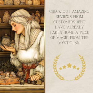 May include: A woman with long blonde hair stands behind a counter filled with jars and bottles. She is wearing a white dress with a red sash and a floral pattern. The text on the right side of the image reads "CHECK OUT AMAZING REVIEWS FROM CUSTOMERS WHO HAVE ALREADY TAKEN HOME A PIECE OF MAGIC FROM THE MYSTIC INN!" with five gold stars below the text.