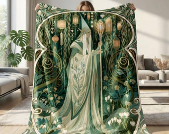 Fantasie elfen tovenaar fleece shepradeken lichtgevende lantaarns art nouveau illustratie fantasie elfenbos met hangende lichtjes