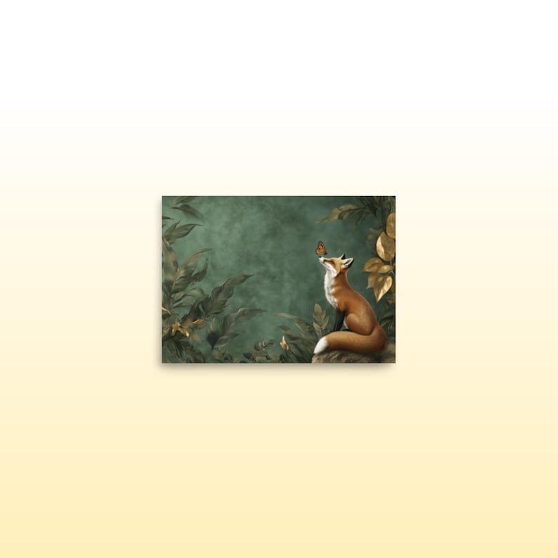 Whimsical Fox and Butterfly Fantasy Matte Print Green and Gold Botanical Fox Art Print Cute Fox and Butterfly Wall Art Fox Lover Art Print