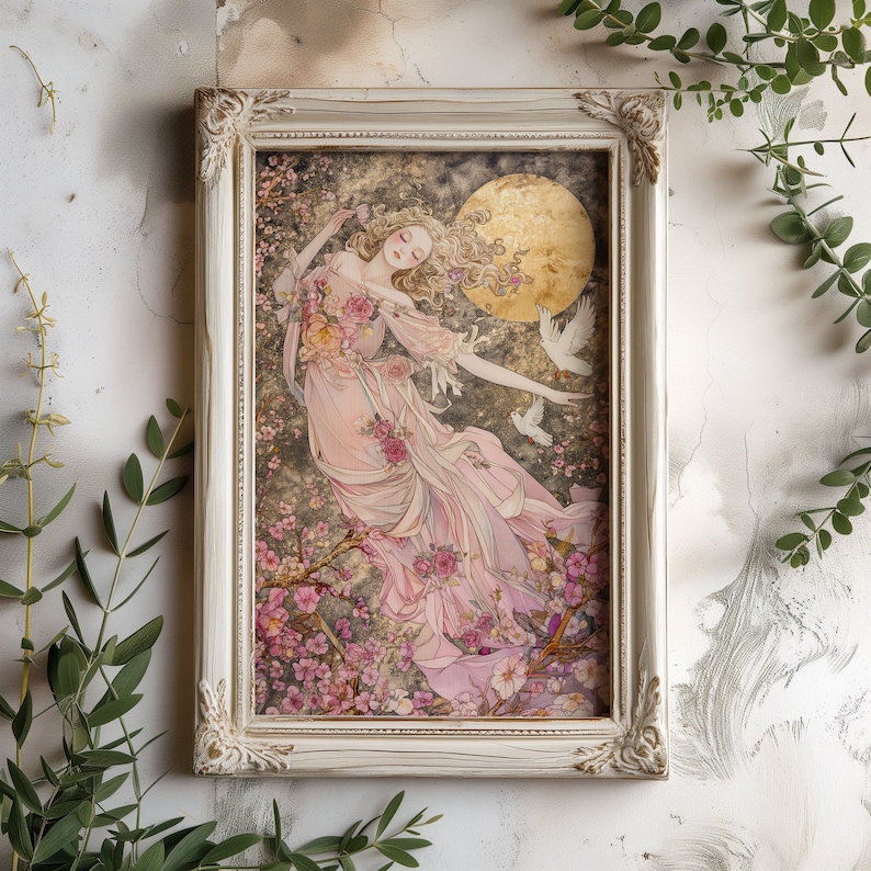 May include: A framed illustration of a woman sleeping in a field of pink flowers with white doves flying above her. The woman is wearing a pink dress and has long blonde hair. The background is a dark blue with a full moon.