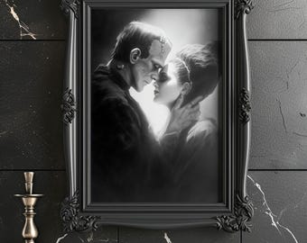 Amor monstruoso Frankenstein y la novia Impresión mate Arte de pared de terror gótico en blanco y negro Obra de arte clásica de romance de monstruos Decoración de Halloween