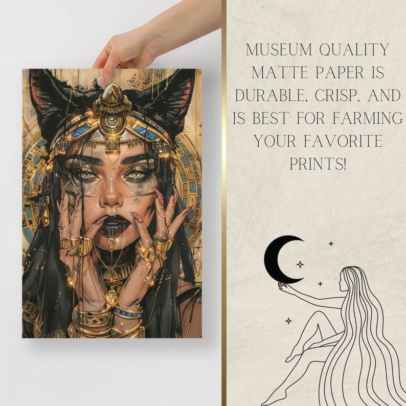May include: A digital illustration of a woman with cat ears wearing a gold and blue headdress. She is surrounded by gold jewelry and has a dark, mysterious expression.