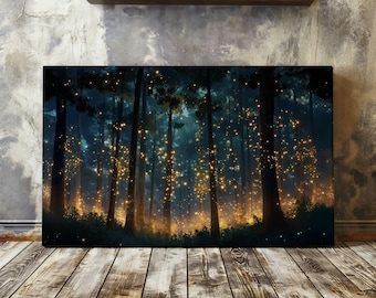 Lienzo envuelto con bosque de fantasía encantado Luces de hadas de fantasía Lienzo de naturaleza Arte de pared con núcleo de cabaña oscura mística Lienzo para amantes de la fantasía