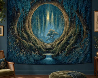 Enchanted Willow Portal Tapestry, Magical Forest Wall Hanging, Teal and Gold Woodland Fantasy Decor