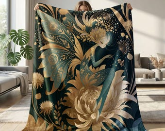 Enchanted Botanical Fae Spirit Sherpa Throw Blanket Golden Fairy Illustration Gold and Teal Fantasy Botanical Artwork Throw