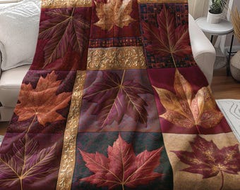 Fall Maple Leaf Mosaic, Ornamental Gold Border Design, Luxe Wine-Red Color Palette Earthy Autumn Fleece Sherpa Throw