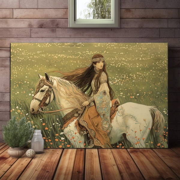 Goddess of Horses Epona Canvas, Horse Goddess in Field of Wild Flowers Canvas Celtic Goddess Epona Wall Art Horse Lover Wall Decor