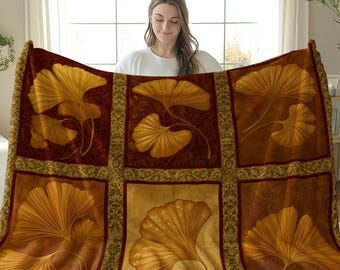 Golden Ginkgo Leaves: Botanical Nine-Panel Triptych, Art Deco Floral Illustration Earthy Autumn Fleece Sherpa Throw