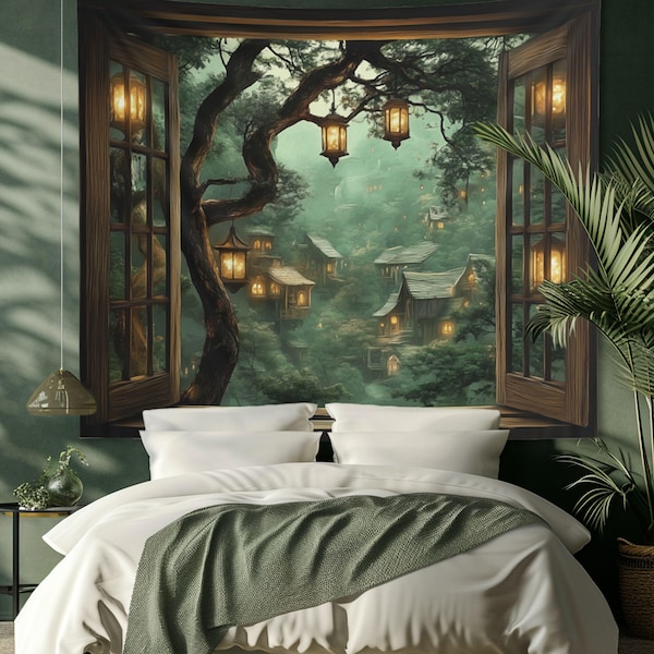 Elven Village Window Tapestry Botanical Elven Fantasy Tapestry Sage Green Enchanted Forest Tapestry Fantasy Room Decor Enchanted Forest Deco