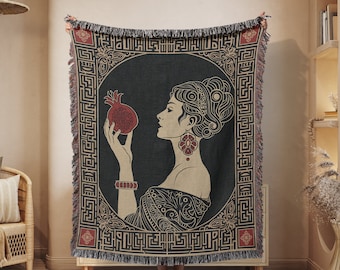 Perephone's Pomegranate Woven Blanket, Greek Mythology Throw Blanket, Pomegranate Woven Throw, Persephone Goddess Throw Pomegranate Decor