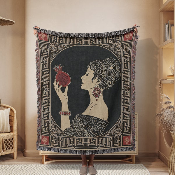 Perephone's Pomegranate Woven Blanket, Greek Mythology Throw Blanket, Pomegranate Woven Throw, Persephone Goddess Throw Pomegranate Decor