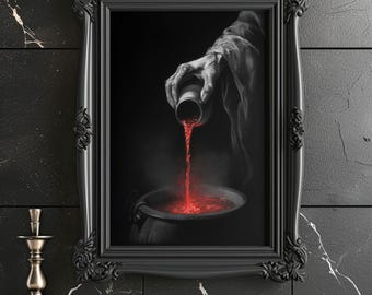The Witches Brew Matte Print Gothic Horror Wall Art Black and White with Red Potion Alchemy Occult Halloween Spooky Decor Witchy Wall Art