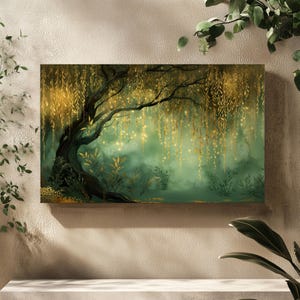 May include: A canvas print depicting a mystical forest scene. A large, dark tree with golden leaves dominates the foreground. The background features a misty, green landscape with glowing lights, creating an ethereal atmosphere. The artwork is mounted on a wall.
