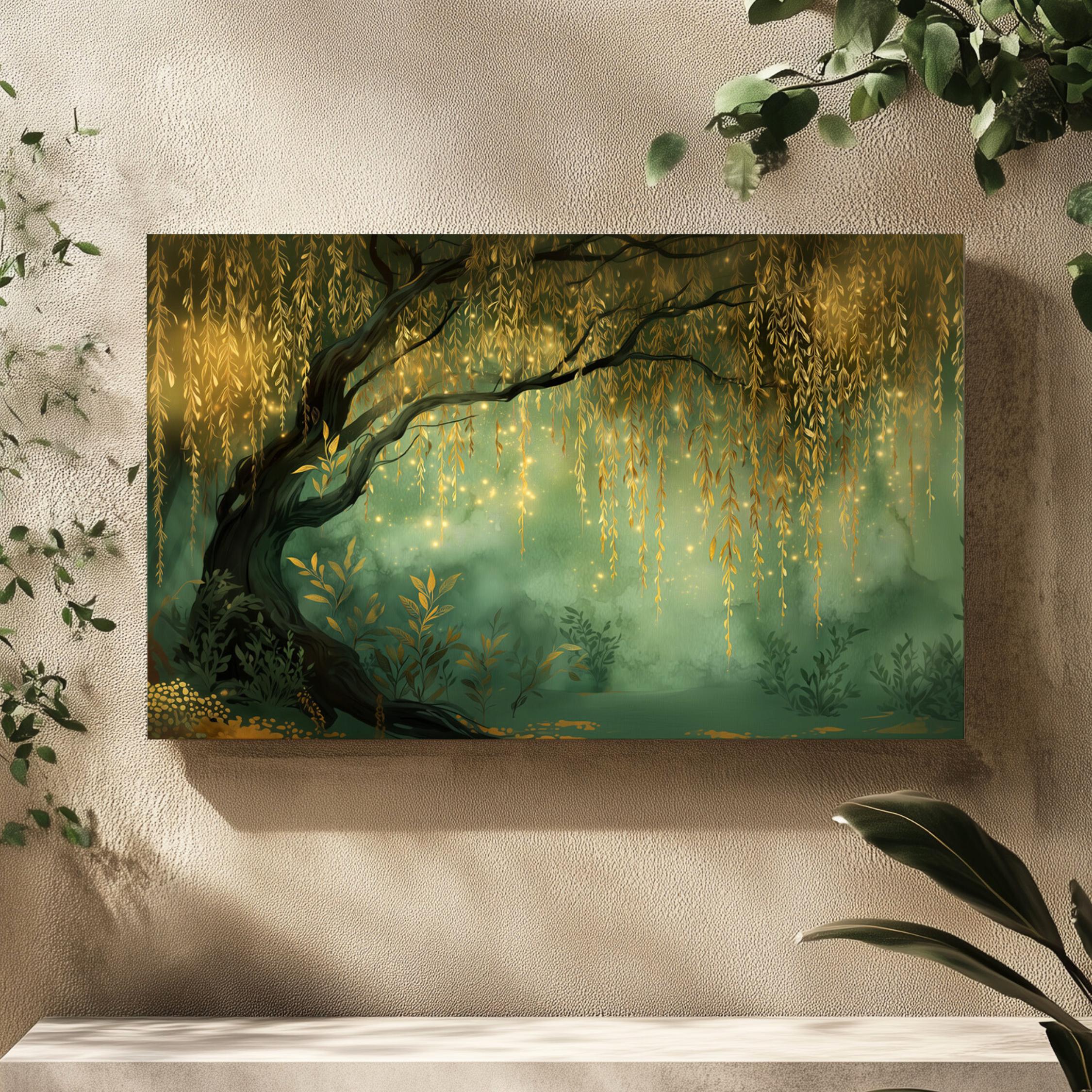 Enchanted Willow Tree Canvas Wall Art Magical Forest Painting Green ...