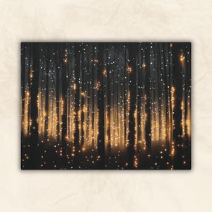 May include: A dark forest scene with glowing lights strung between the trees. The lights are a warm yellow color and create a magical atmosphere.