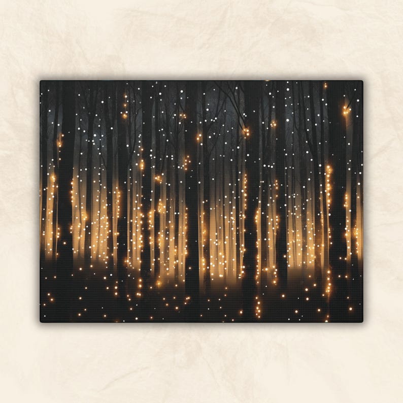 May include: A dark forest scene with glowing lights strung between the trees. The lights are a warm yellow color and create a magical atmosphere.