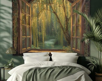 Enchanted Willow Window Tapestry Fantasy Wall Hanging Magical Forest View Teal Green Gold Bedroom Decor Cottagecore Boho Aesthetic