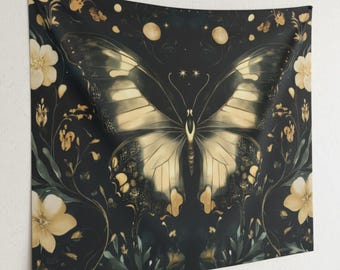 Golden Butterfly Tapestry Celestial Wall Hanging Dark Floral Boho Bedroom Decor Fantasy Nature Art Mystical Moon Stars Aesthetic