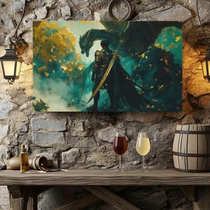 Drachenreiter Leinwanddruck Fantasy Krieger und Biest Wandkunst Mythisch Bond Szene Matte Leinwand Gemälde Episches Schwert Magischer Wald Dekor