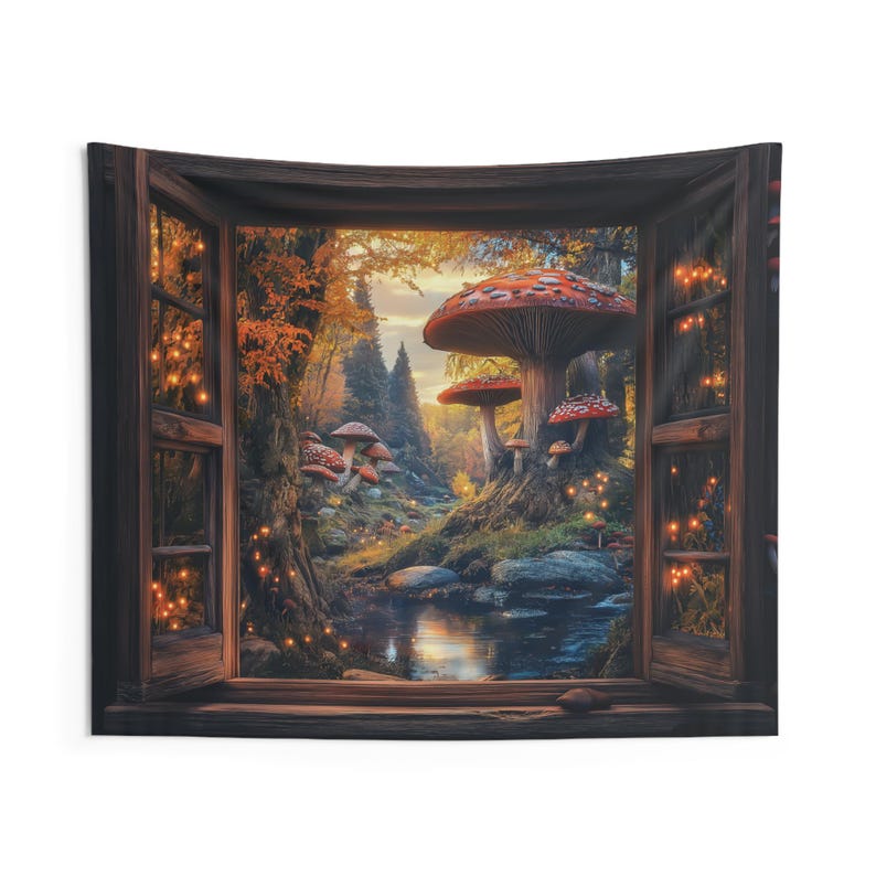 Wandteppich „Verzaubertes Fenster – Pilzwald“, farbenfroher Pilz-Wandteppich, Fantasie-Wandteppichkunst, mystische Natur-Wanddekoration, Pilzwald-Kunst Bild 9