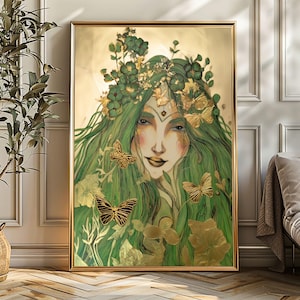 Gaia Goddess Print Earth Mother Wall Art Greek Mythology Nature Deity Poster Divine Feminine Matte Fantasy Green Decor Butterfly Artwork