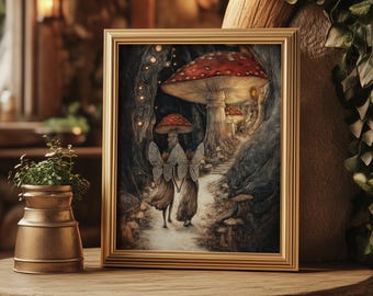 Stampa opaca fantasy con funghi da favola, fate e funghi, stampa artistica da parete, decorazione per la stanza fantasy, stampa artistica da parete fantasy con funghi e fate