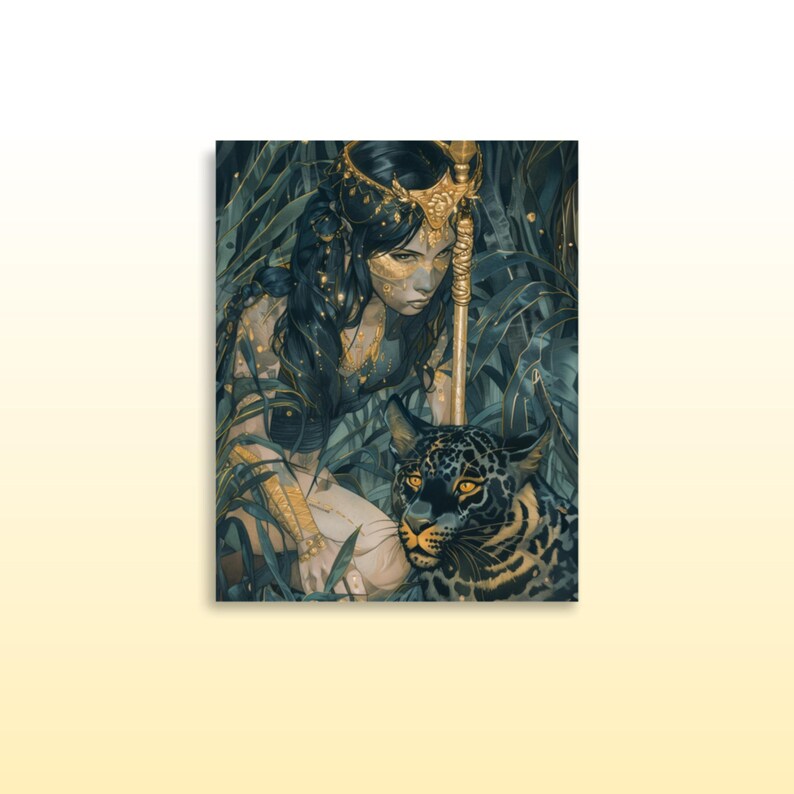 Awilix Matte Print Divine Mayan Goddess Art Print Awilix, Goddess of Moon and Night in Gold & Green Mayan Wall Art Green Mayan Wall Decor