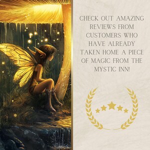 Puede incluir: Un hada con alas amarillas se sienta en un hongo debajo de una cascada. El fondo es un bosque oscuro con luces brillantes. El texto dice "CHECK OUT AMAZING REVIEWS FROM CUSTOMERS WHO HAVE ALREADY TAKEN HOME A PIECE OF MAGIC FROM THE MYSTIC INN!" con cinco estrellas doradas.
