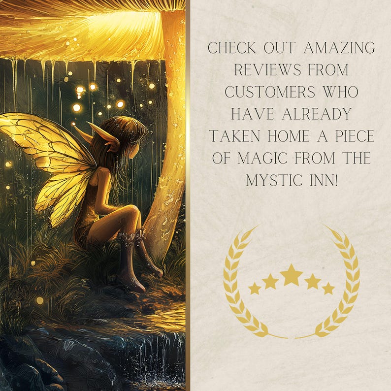 Puede incluir: Un hada con alas amarillas se sienta en un hongo debajo de una cascada. El fondo es un bosque oscuro con luces brillantes. El texto dice "CHECK OUT AMAZING REVIEWS FROM CUSTOMERS WHO HAVE ALREADY TAKEN HOME A PIECE OF MAGIC FROM THE MYSTIC INN!" con cinco estrellas doradas.