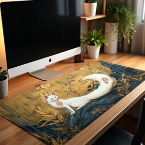 Japanese Spirit Fox Desk Mat Japanese Kitsune Fox Art Desk Mat Gamer Desk Mat Japanese Style Desk Gold Green Desk Mat Gamer Gift Fox Gift
