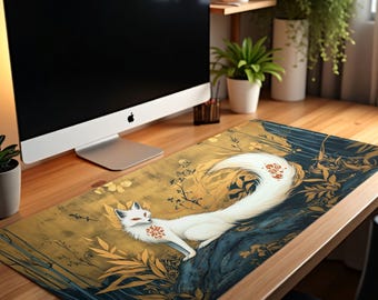 May include: A white fox with a red and gold design sits on a rock surrounded by gold and blue foliage. The fox is on a large mouse pad with a gold and blue background.