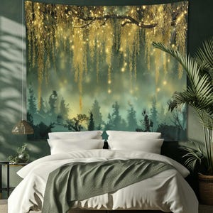 Fantasiälv Pilträ Marsh Gobeläng Förtrollad Skog Väggbonad Blågrön Guld Magisk Sovrumsdekor Ljusslingor Skog Boho Estetik