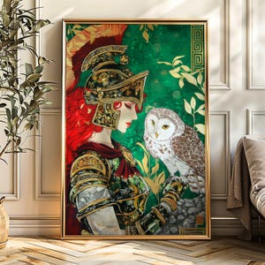 Athena and Owl Art Print Greek Goddess Wall Art Mythology Matte Print Warrior Woman Decor Divine Feminine Matte Print Fantasy Home Artwork