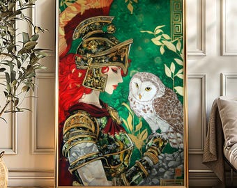 Athena and Owl Art Print Greek Goddess Wall Art Mythology Matte Print Warrior Woman Decor Divine Feminine Matte Print Fantasy Home Artwork