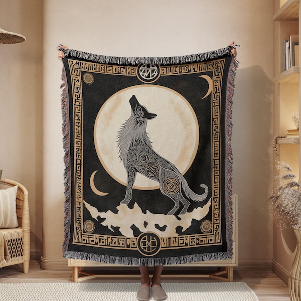 Manta tejida con el lobo nórdico Fenrir Manta tejida con el lobo Manta tejida estilo nórdico Manta nórdica Manta para amantes de los lobos Regalo Manta de lobo y luna