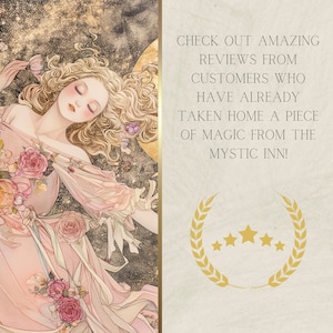 May include: A digital illustration of a woman with long blonde hair wearing a pink dress with floral accents. The background is a dark starry sky with a large moon. The text "CHECK OUT AMAZING REVIEWS FROM CUSTOMERS WHO HAVE ALREADY TAKEN HOME A PIECE OF MAGIC FROM THE MYSTIC INN!" is displayed on the right side of the image. Five gold stars are displayed below the text.
