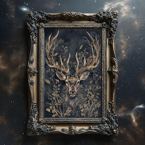 Mystical Stag Forest Print Fantasy Deer Wall Art Gold Botanical Matte Poster Woodland Animal Decor Fantasy Stag Antlers Botanical Print Gift