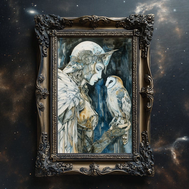 May include: A framed watercolor painting of a woman wearing a helmet and armor, with a white owl perched on her arm. The woman and owl are looking at each other. The background is a dark blue and gray wash.